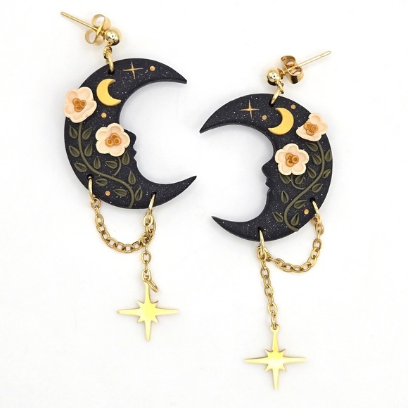 Handmade Jewelry - Handmade Dark Forest Crescent Moon Flower Star Dangle Earrings Black Gold Tone